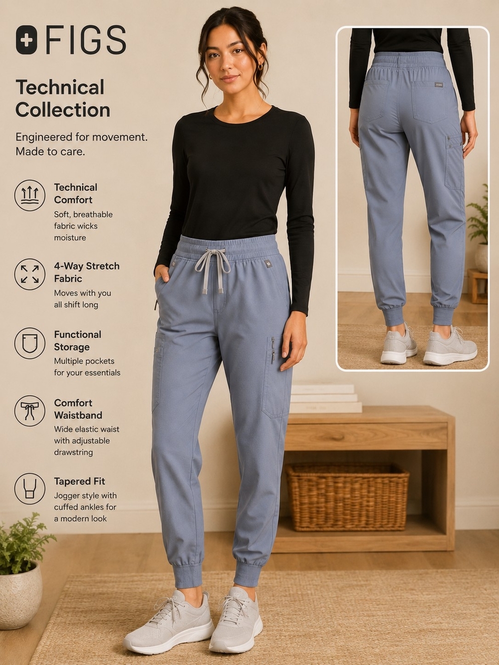 FIGS Technical Collection Jogger Scrub Pants Blue Gray Cargo Size Medium Tall